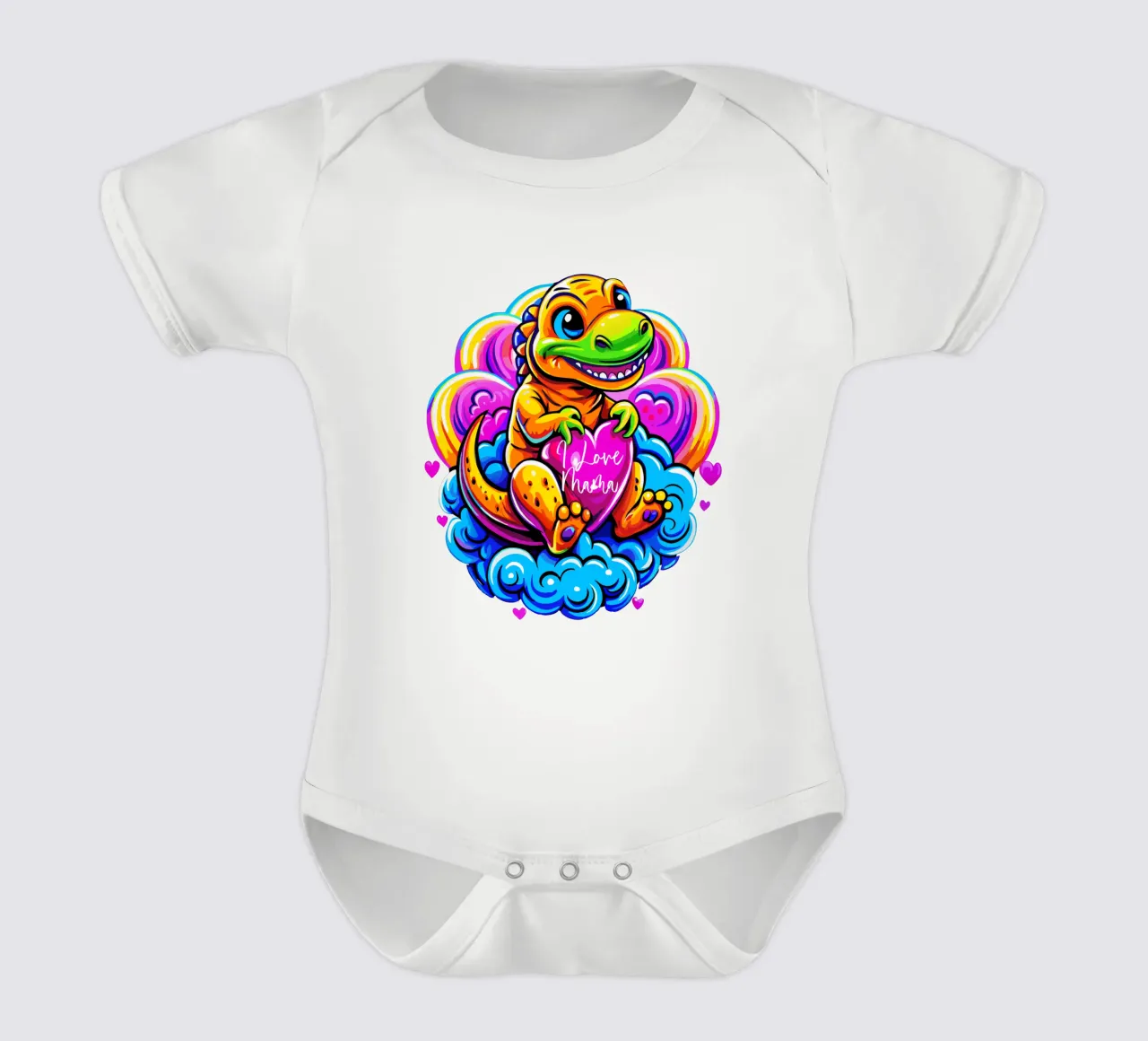 Cute Dino Hugging a Heart Pillow on a Cloud - Custom Text body neonato maniche corte da Artnesia