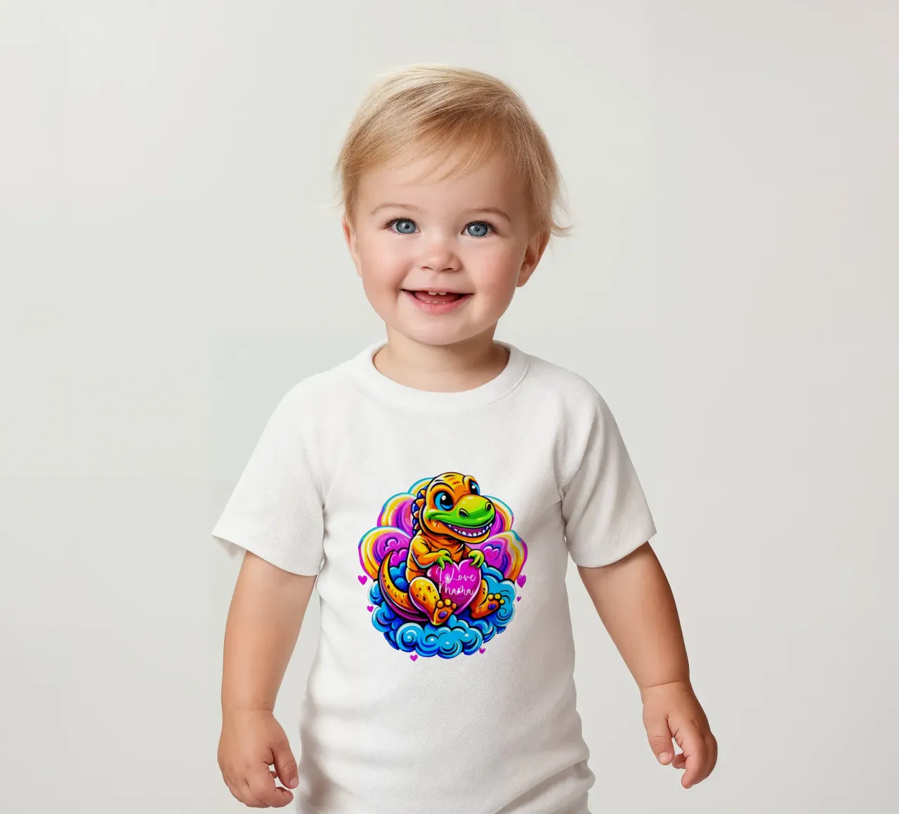 Cute Dino Hugging a Heart Pillow on a Cloud - Custom Text baby t-shirt van Artnesia