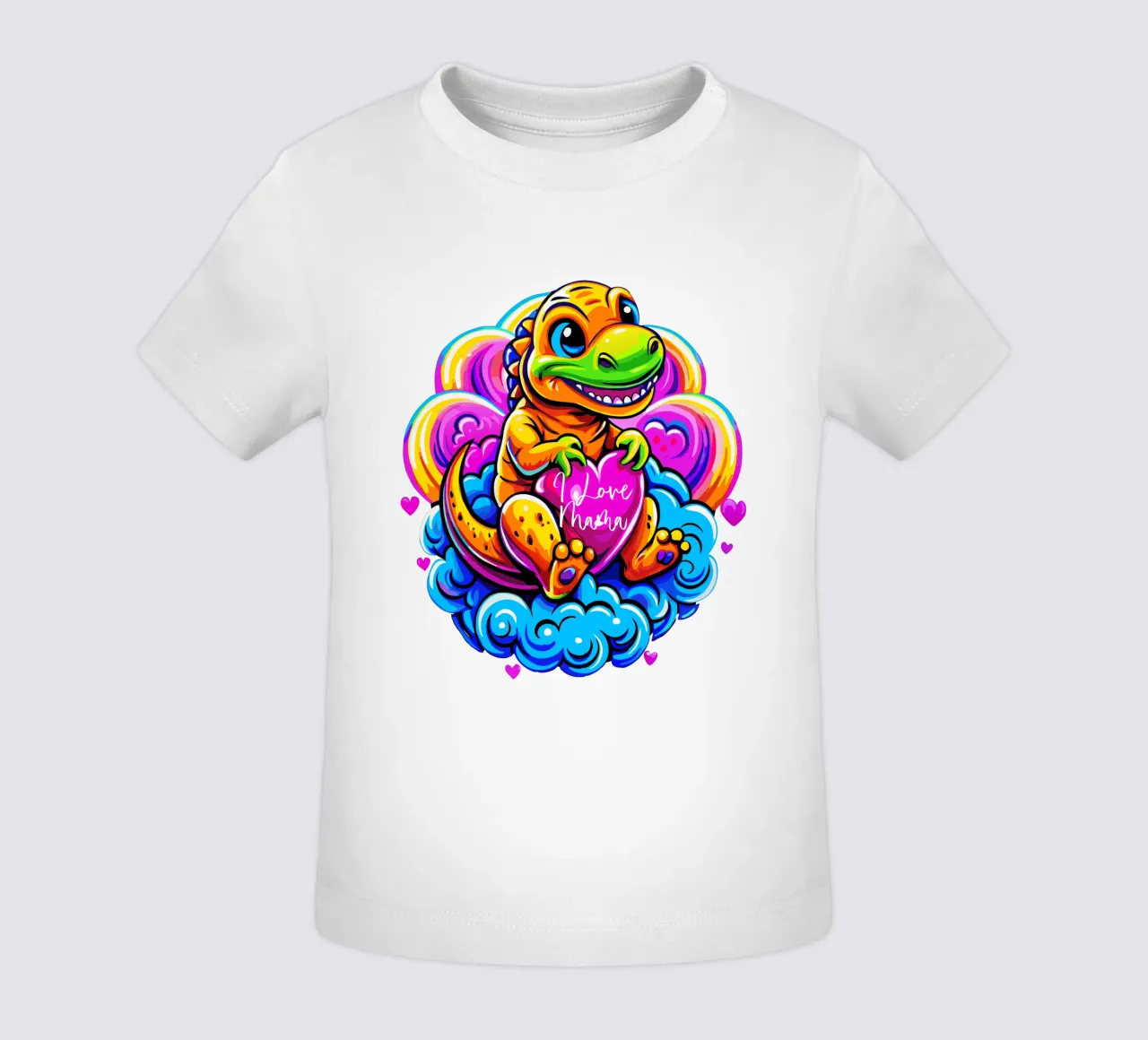 Cute Dino Hugging a Heart Pillow on a Cloud - Custom Text maglietta neonato da Artnesia