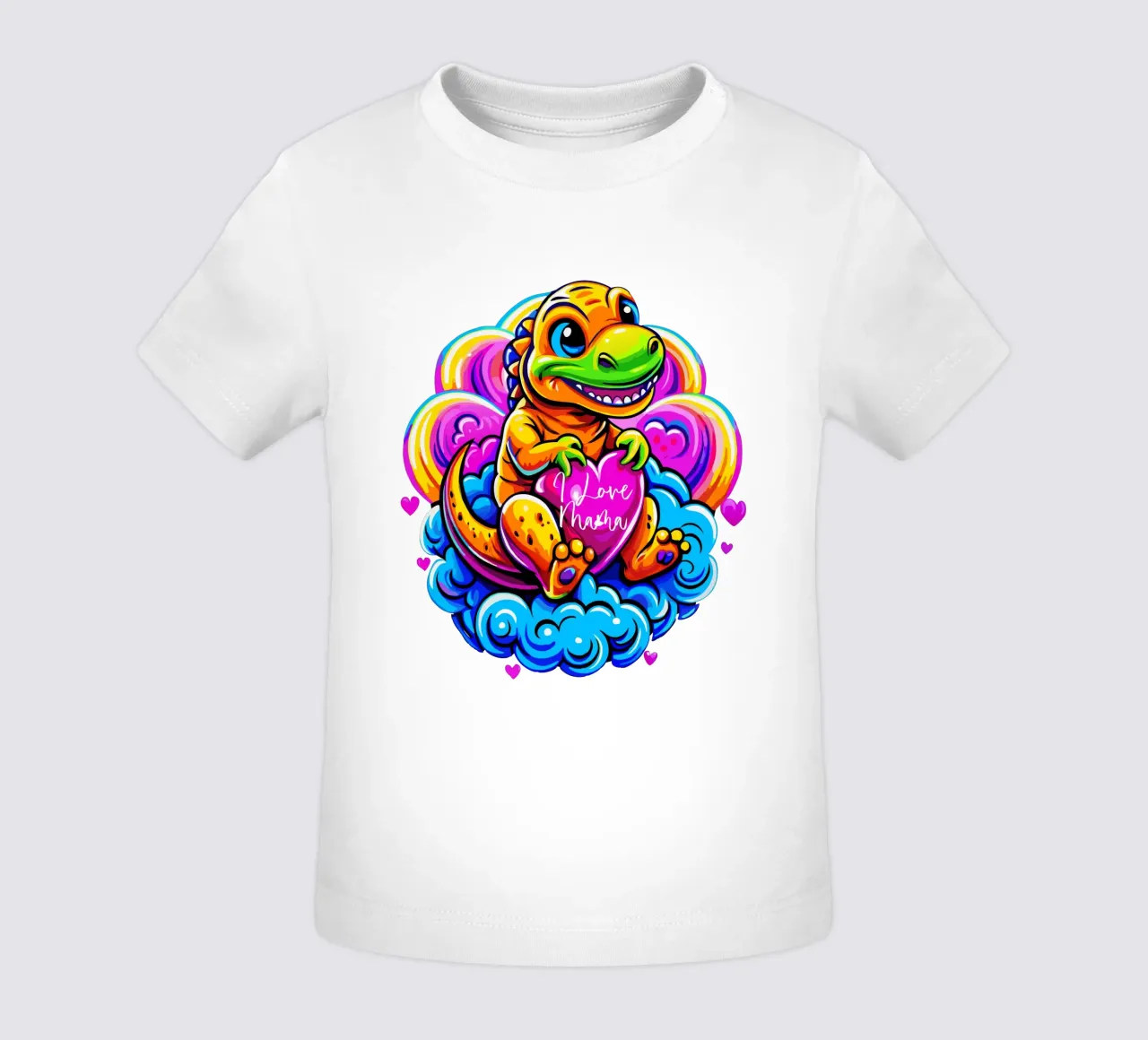 Cute Dino Hugging a Heart Pillow on a Cloud - Custom Text baby t-shirt van Artnesia