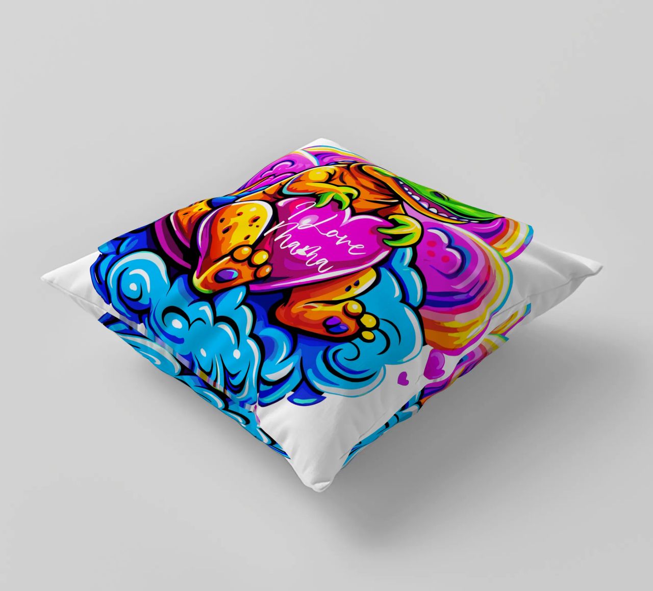 Cute Dino Hugging a Heart Pillow on a Cloud - Custom Text cuscino da Artnesia