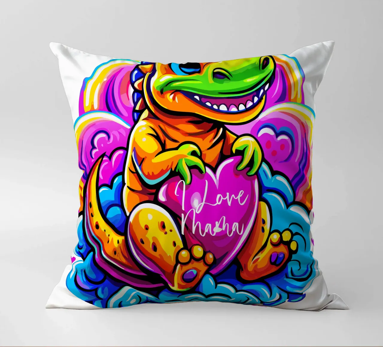 Cute Dino Hugging a Heart Pillow on a Cloud - Custom Text cuscino da Artnesia