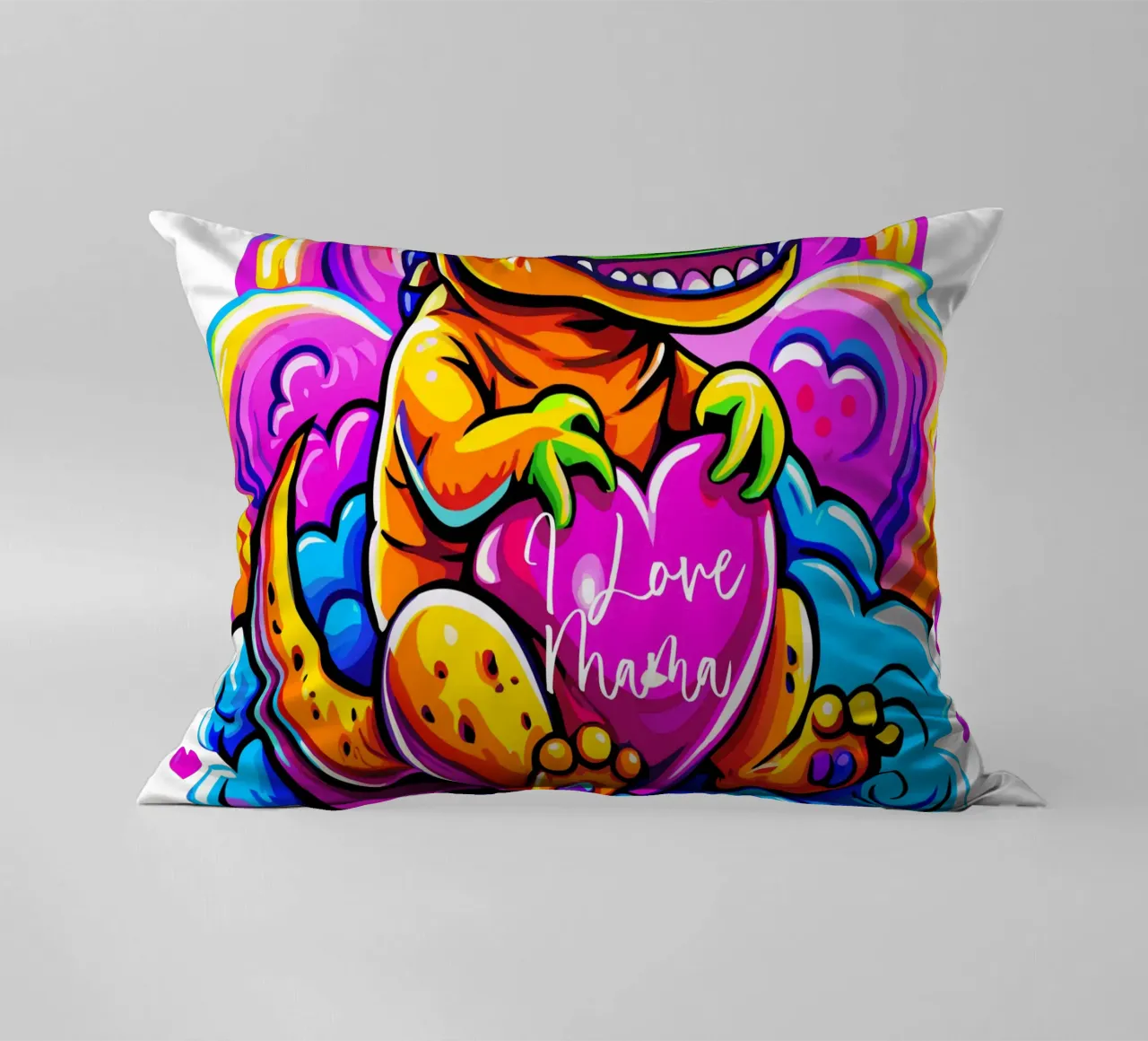 Cute Dino Hugging a Heart Pillow on a Cloud - Custom Text cuscino da Artnesia