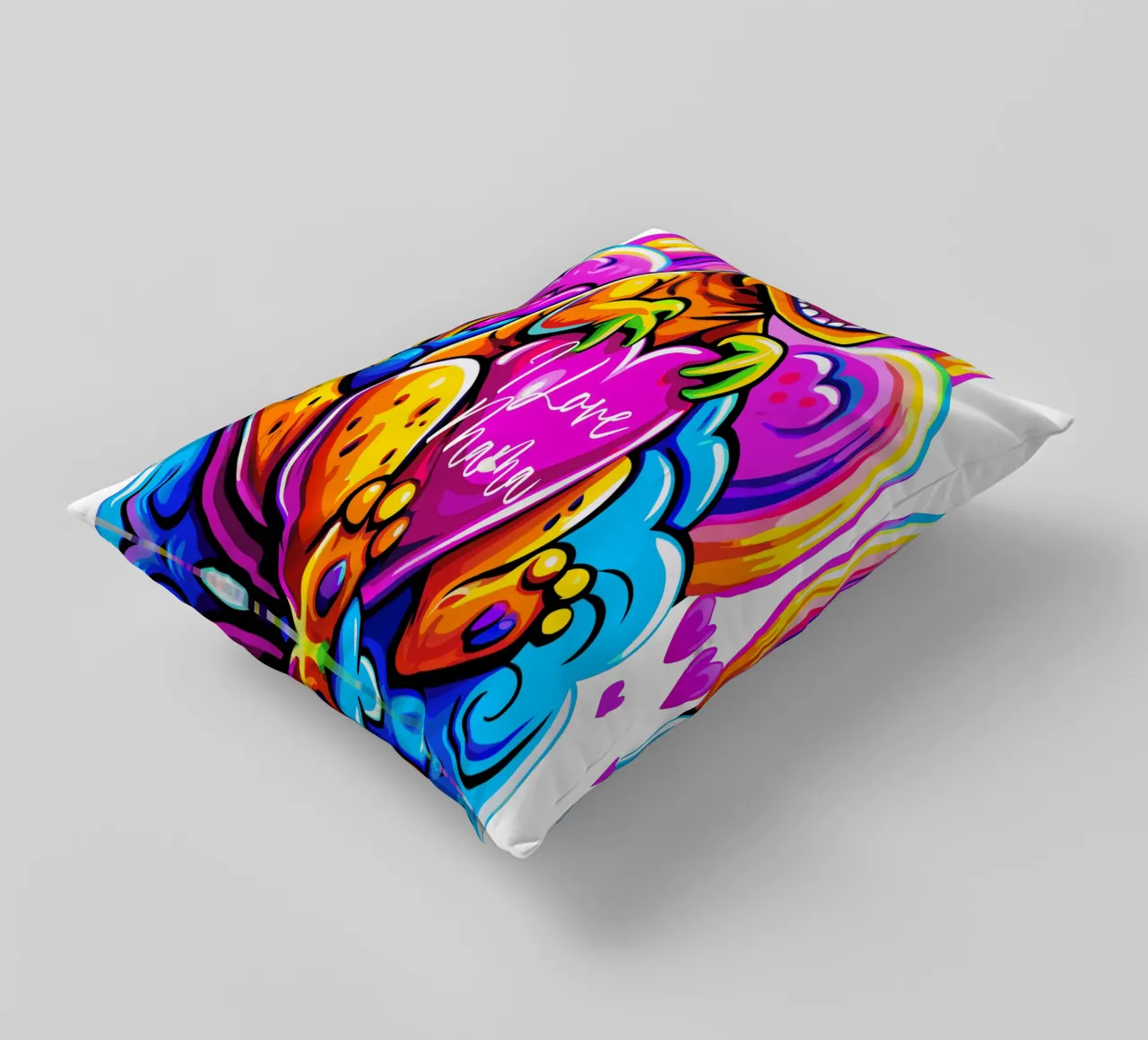 Cute Dino Hugging a Heart Pillow on a Cloud - Custom Text cuscino da Artnesia