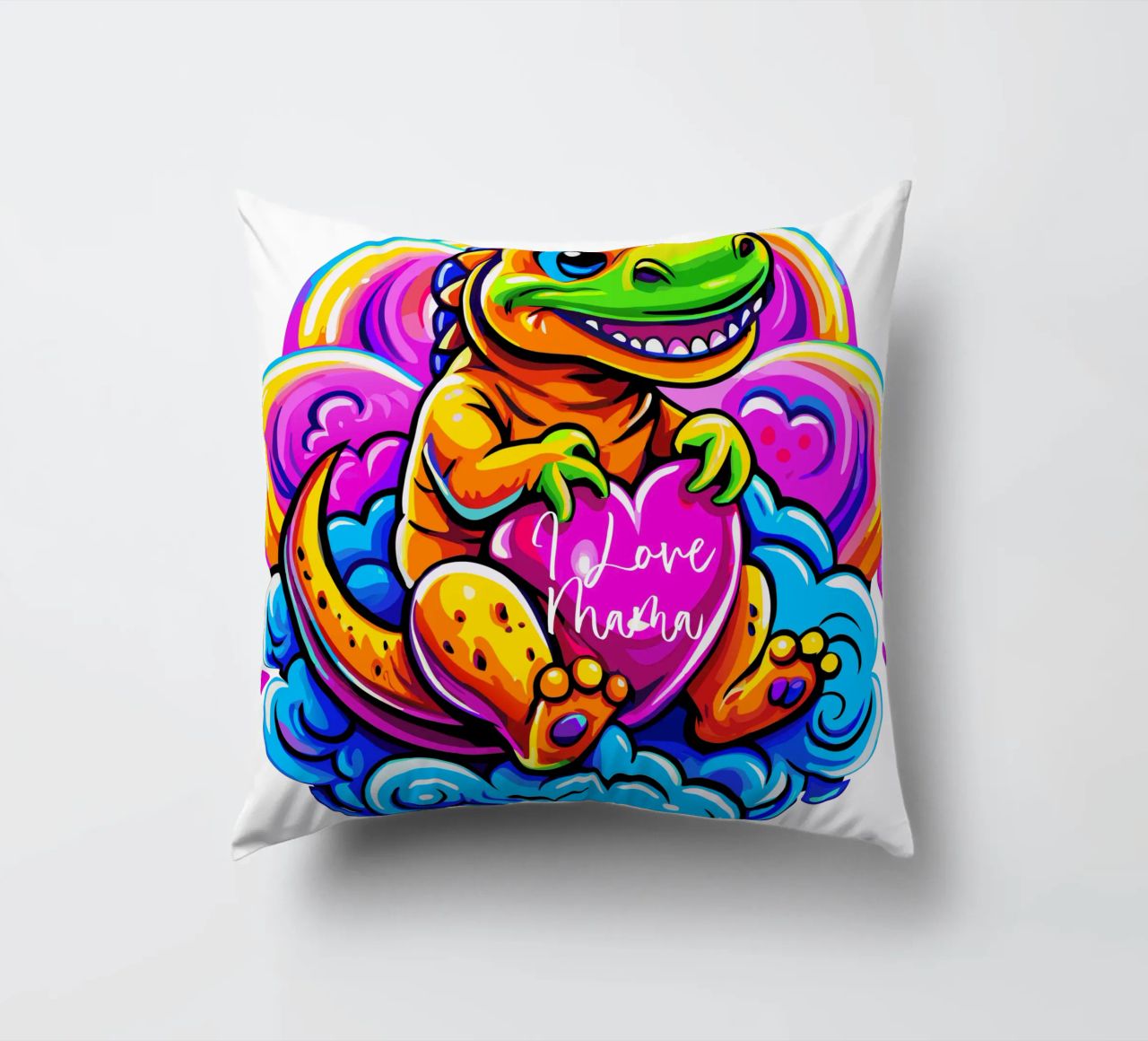 Cute Dino Hugging a Heart Pillow on a Cloud - Custom Text cuscino da Artnesia