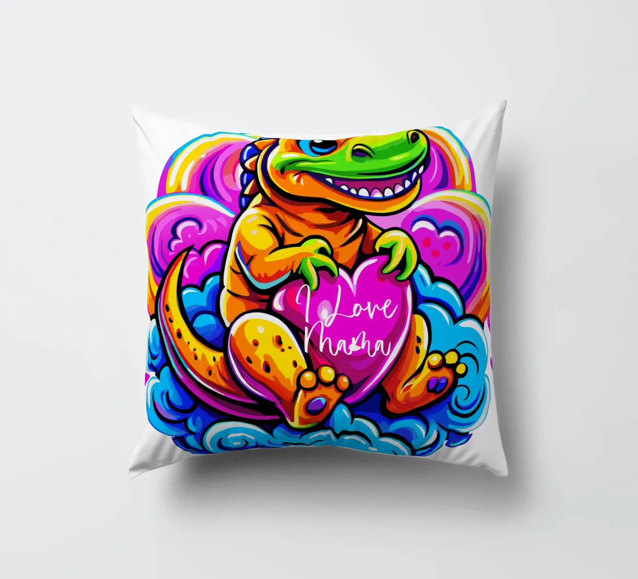 Cute Dino Hugging a Heart Pillow on a Cloud - Custom Text cuscino da Artnesia