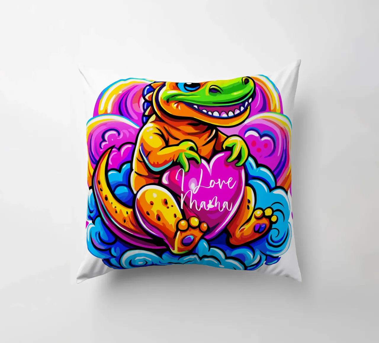 Cute Dino Hugging a Heart Pillow on a Cloud - Custom Text cuscino da Artnesia