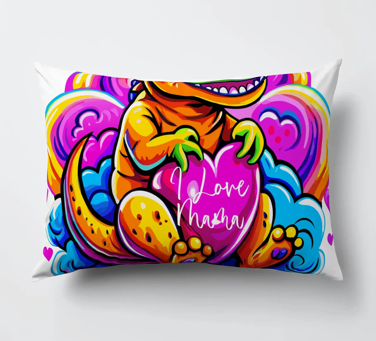 Cute Dino Hugging a Heart Pillow on a Cloud - Custom Text cuscino da Artnesia