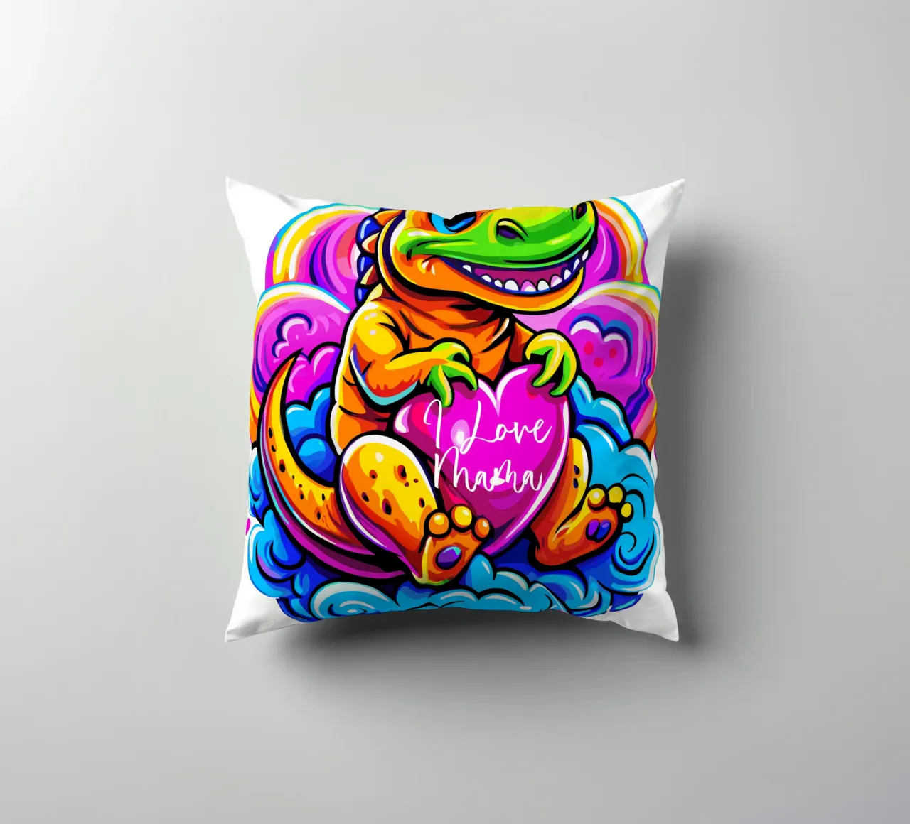 Cute Dino Hugging a Heart Pillow on a Cloud - Custom Text cuscino da Artnesia