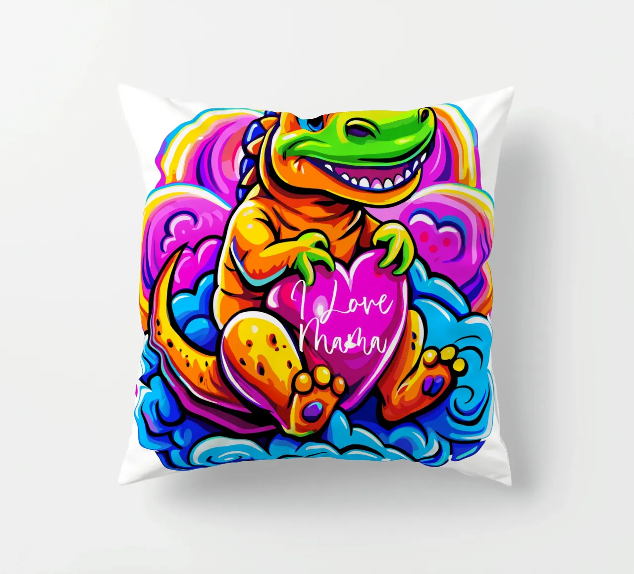 Cute Dino Hugging a Heart Pillow on a Cloud - Custom Text cuscino da Artnesia
