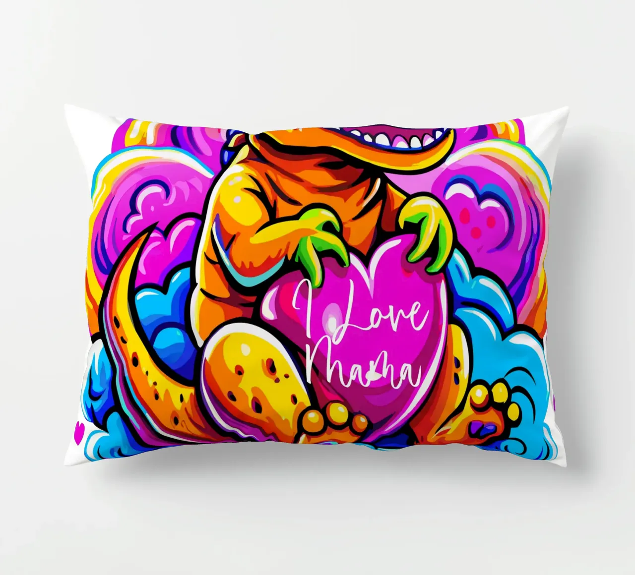 Cute Dino Hugging a Heart Pillow on a Cloud - Custom Text cuscino da Artnesia