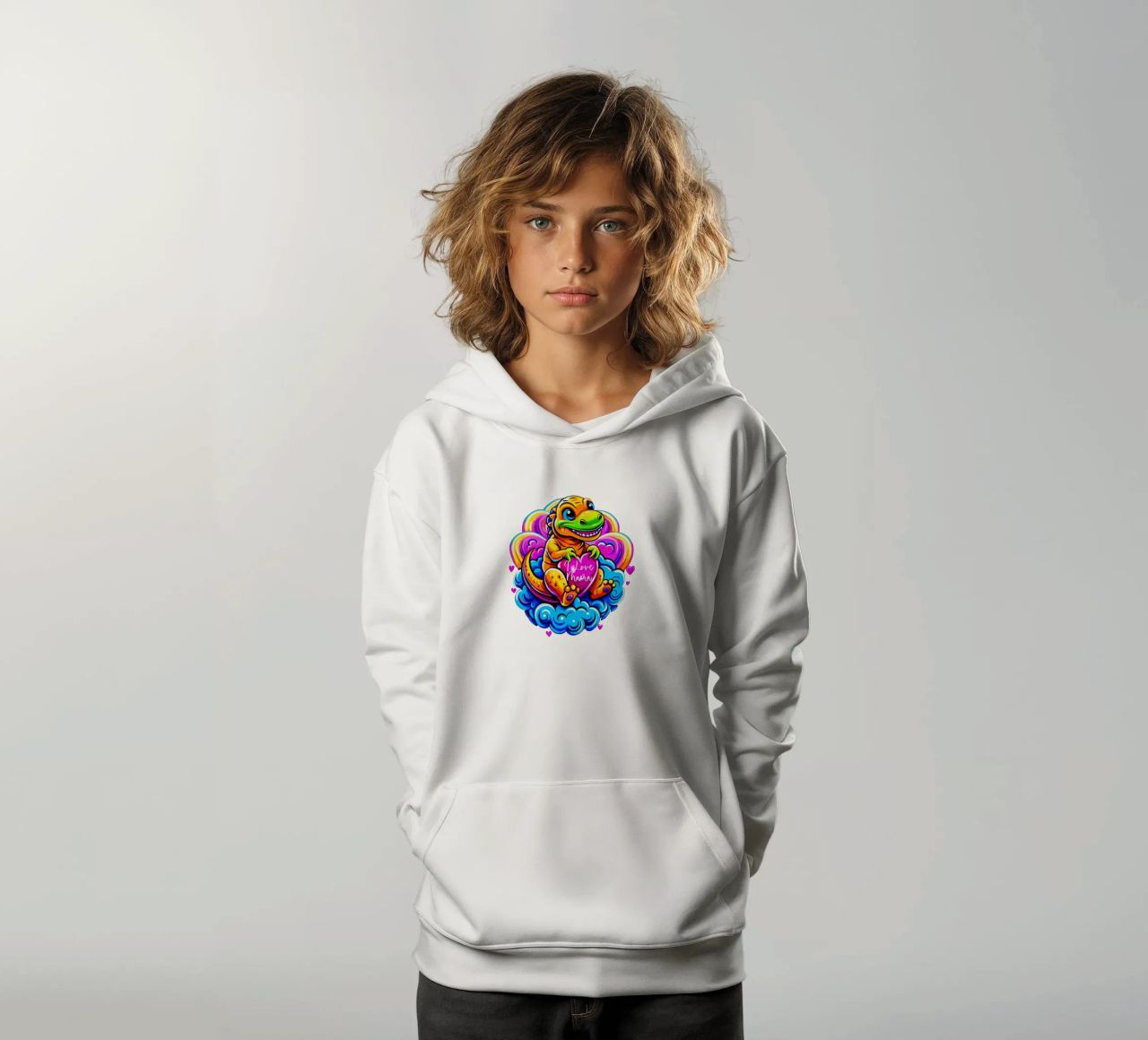 Cute Dino Hugging a Heart Pillow on a Cloud - Custom Text sudadera con capucha para niño de Artnesia