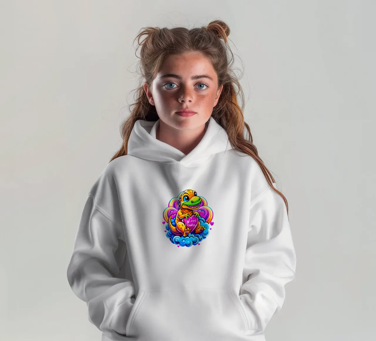 Cute Dino Hugging a Heart Pillow on a Cloud - Custom Text felpa bambino con cappuccio da Artnesia