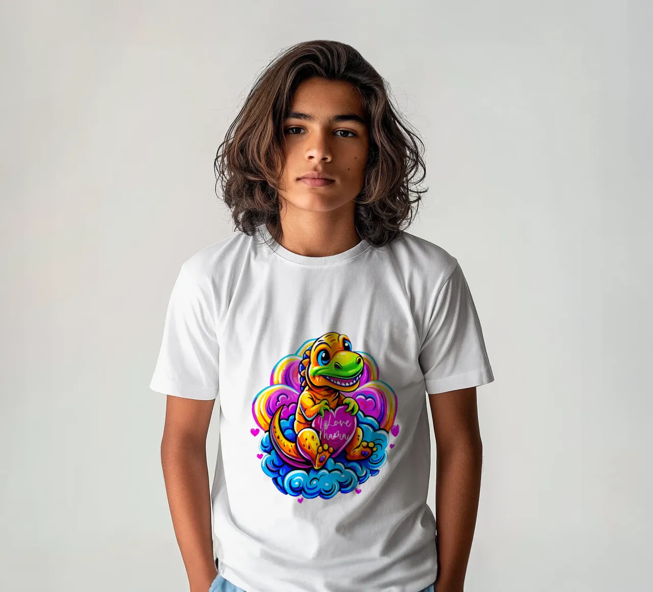 Cute Dino Hugging a Heart Pillow on a Cloud - Custom Text t-shirt bambini da Artnesia