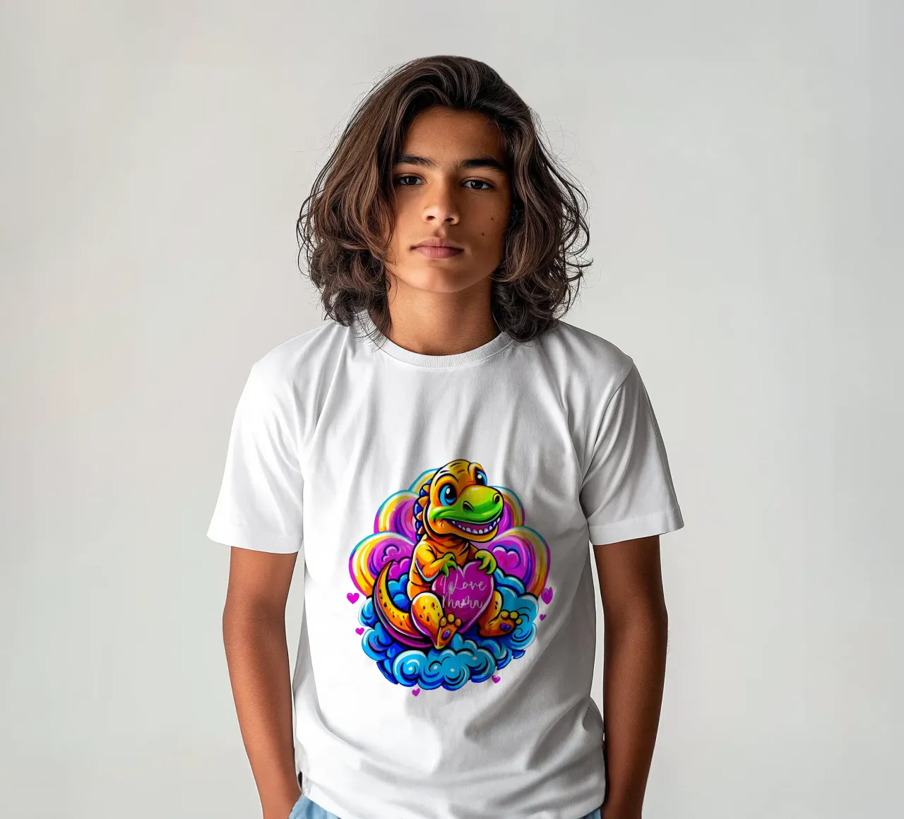 Cute Dino Hugging a Heart Pillow on a Cloud - Custom Text Kinder T-Shirt von Artnesia