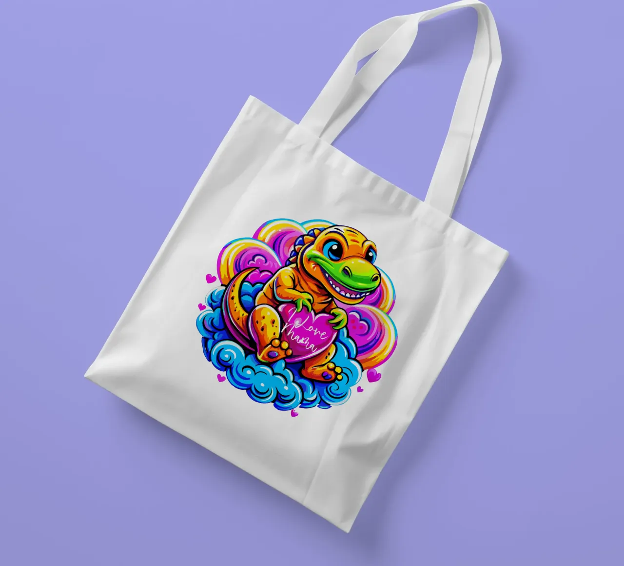Cute Dino Hugging a Heart Pillow on a Cloud - Custom Text borsa in juta da Artnesia