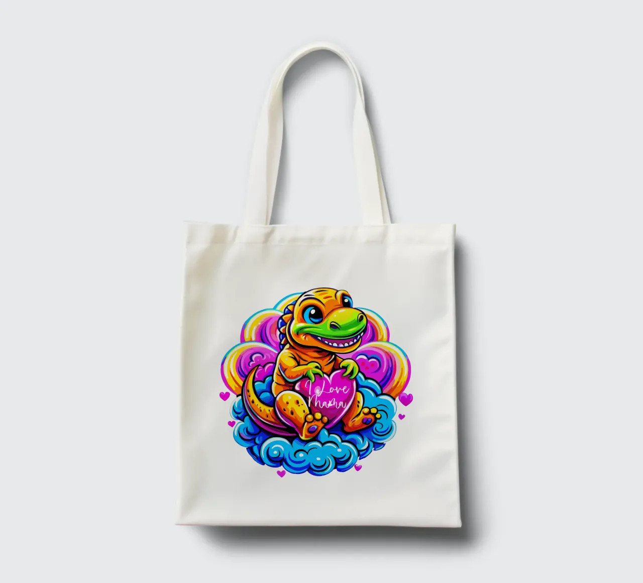 Cute Dino Hugging a Heart Pillow on a Cloud - Custom Text borsa in juta da Artnesia
