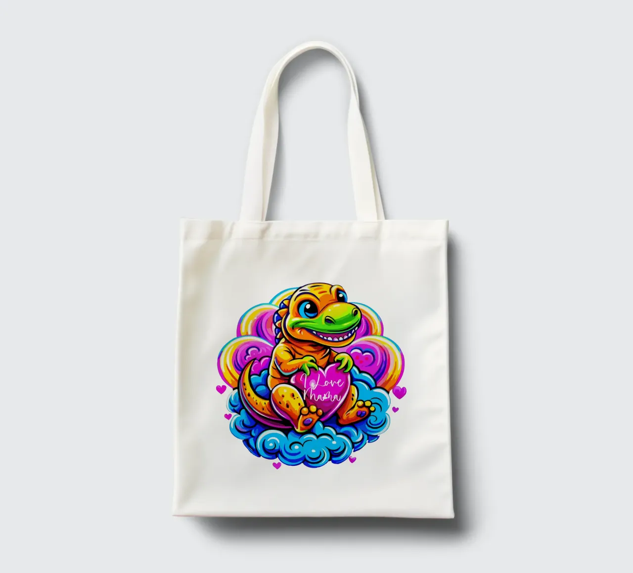 Cute Dino Hugging a Heart Pillow on a Cloud - Custom Text Jutebeutel von Artnesia