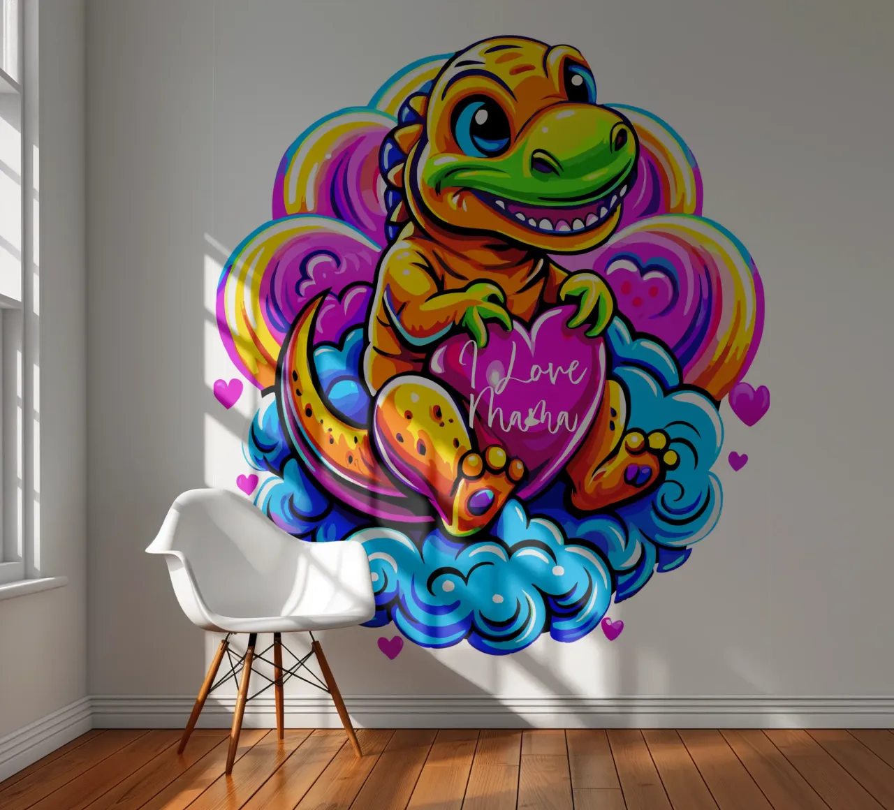 Cute Dino Hugging a Heart Pillow on a Cloud - Custom Text Fototapete von Artnesia