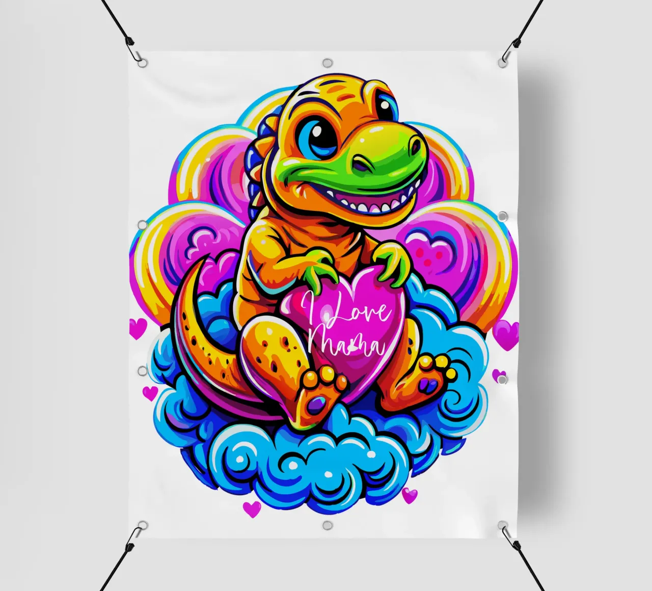 Cute Dino Hugging a Heart Pillow on a Cloud - Custom Text telo in pvc da Artnesia