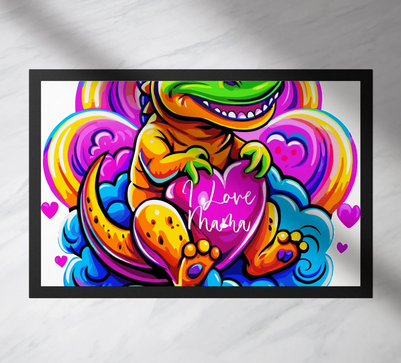 Cute Dino Hugging a Heart Pillow on a Cloud - Custom Text felpudo de Artnesia