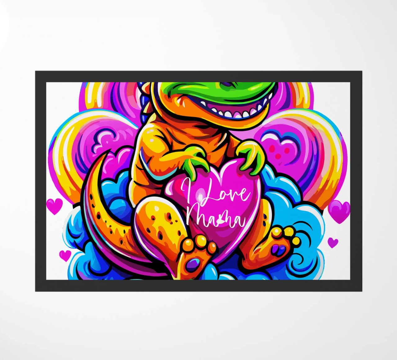 Cute Dino Hugging a Heart Pillow on a Cloud - Custom Text felpudo de Artnesia