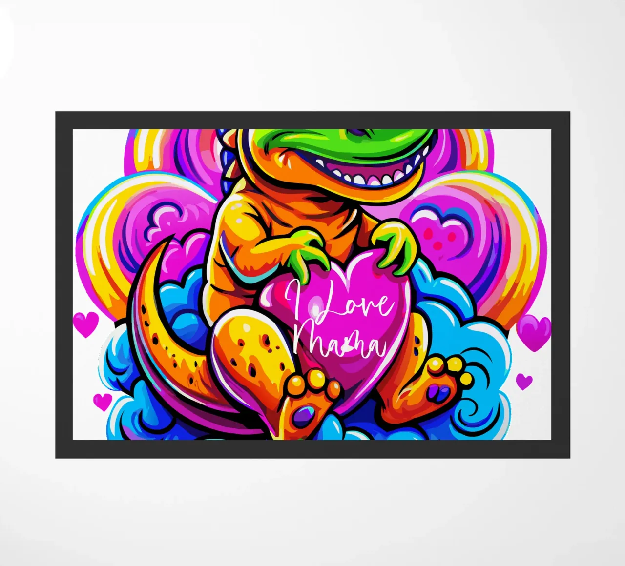 Cute Dino Hugging a Heart Pillow on a Cloud - Custom Text paillasson de Artnesia