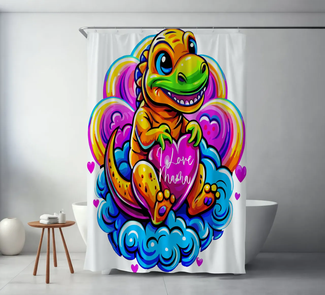 Cute Dino Hugging a Heart Pillow on a Cloud - Custom Text Duschvorhang von Artnesia