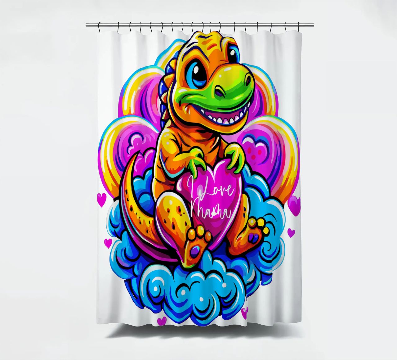 Cute Dino Hugging a Heart Pillow on a Cloud - Custom Text cortina de baño de Artnesia
