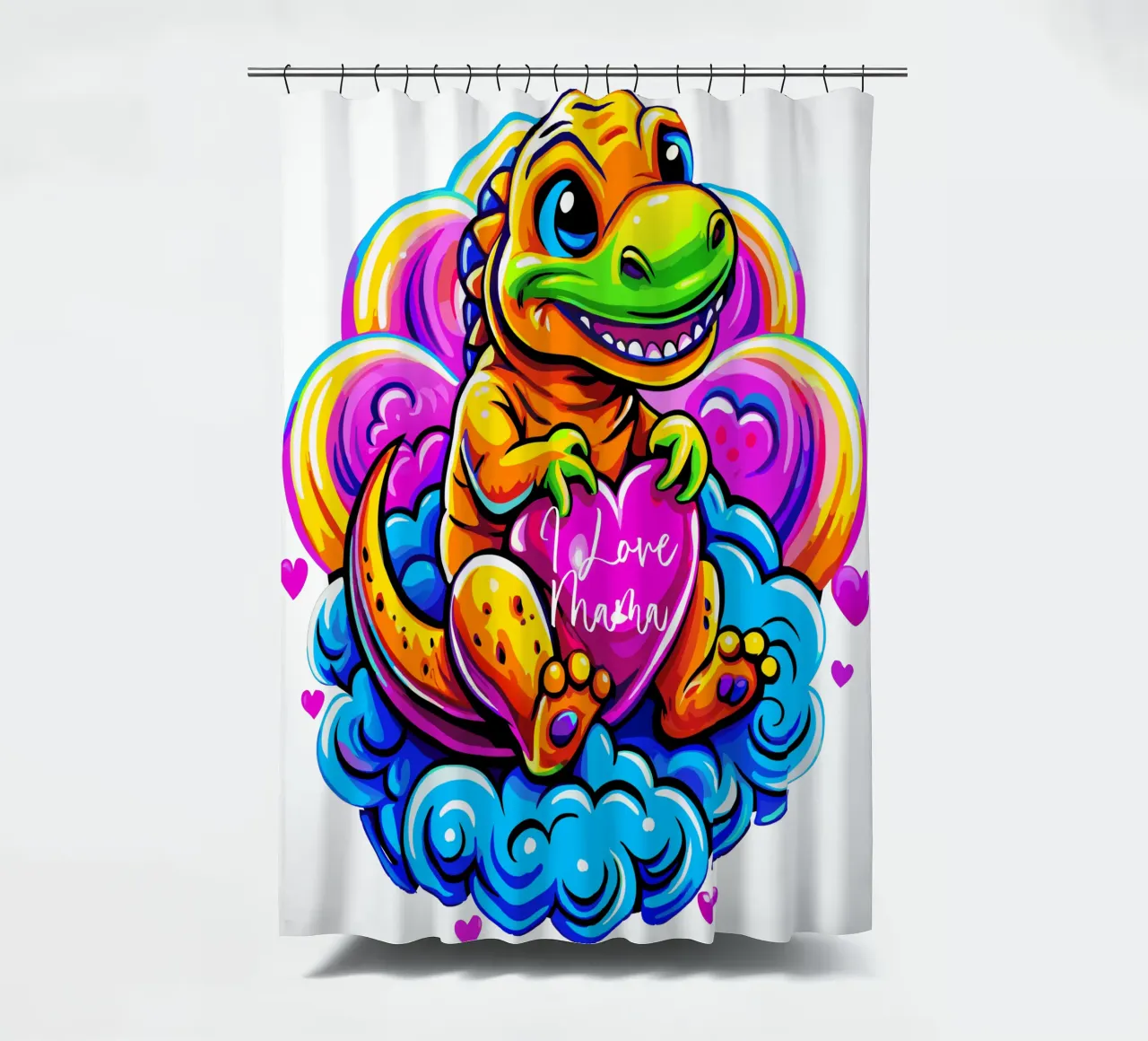 Cute Dino Hugging a Heart Pillow on a Cloud - Custom Text Duschvorhang von Artnesia