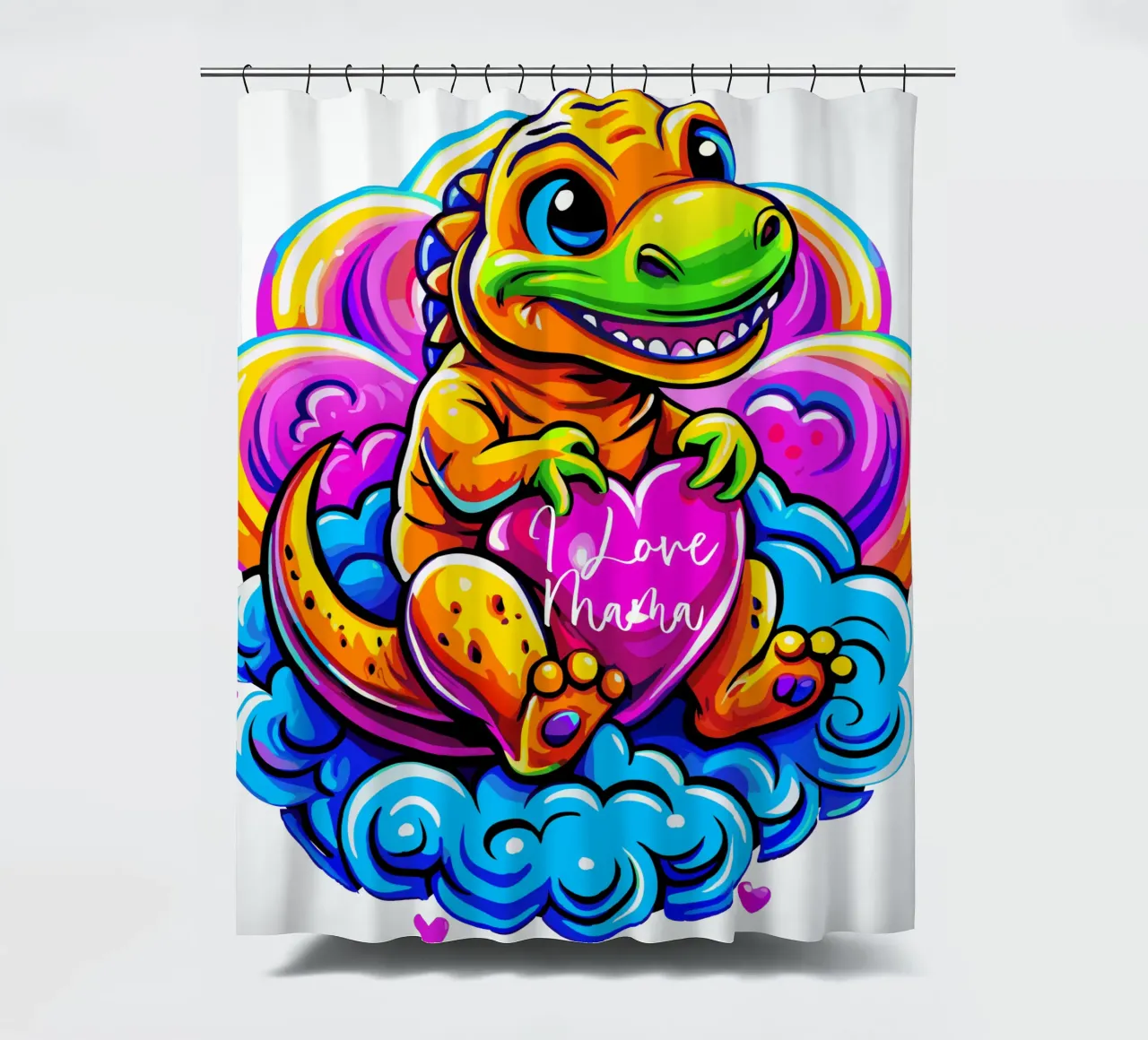 Cute Dino Hugging a Heart Pillow on a Cloud - Custom Text Duschvorhang von Artnesia