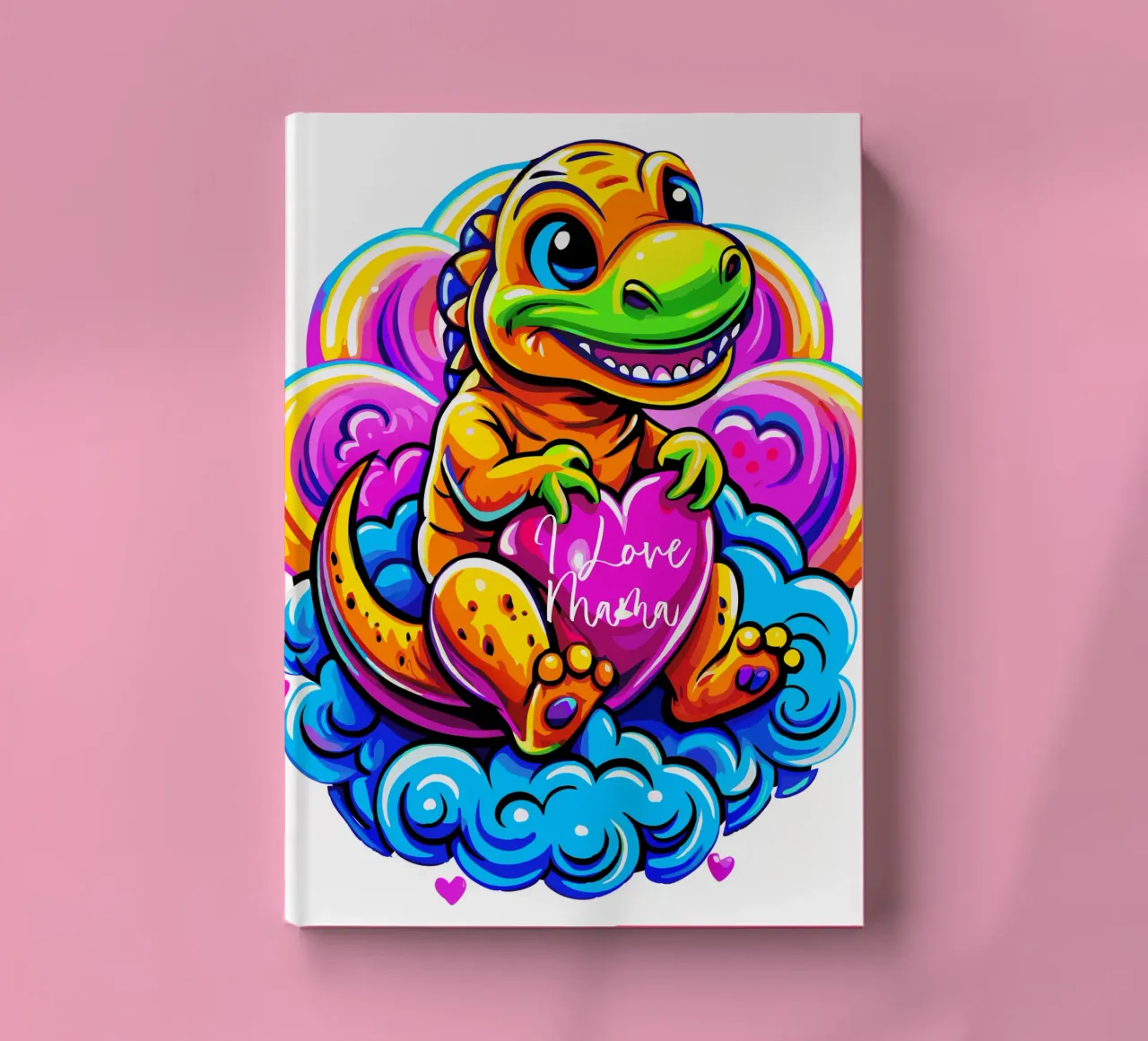 Cute Dino Hugging a Heart Pillow on a Cloud - Custom Text notebook by Artnesia