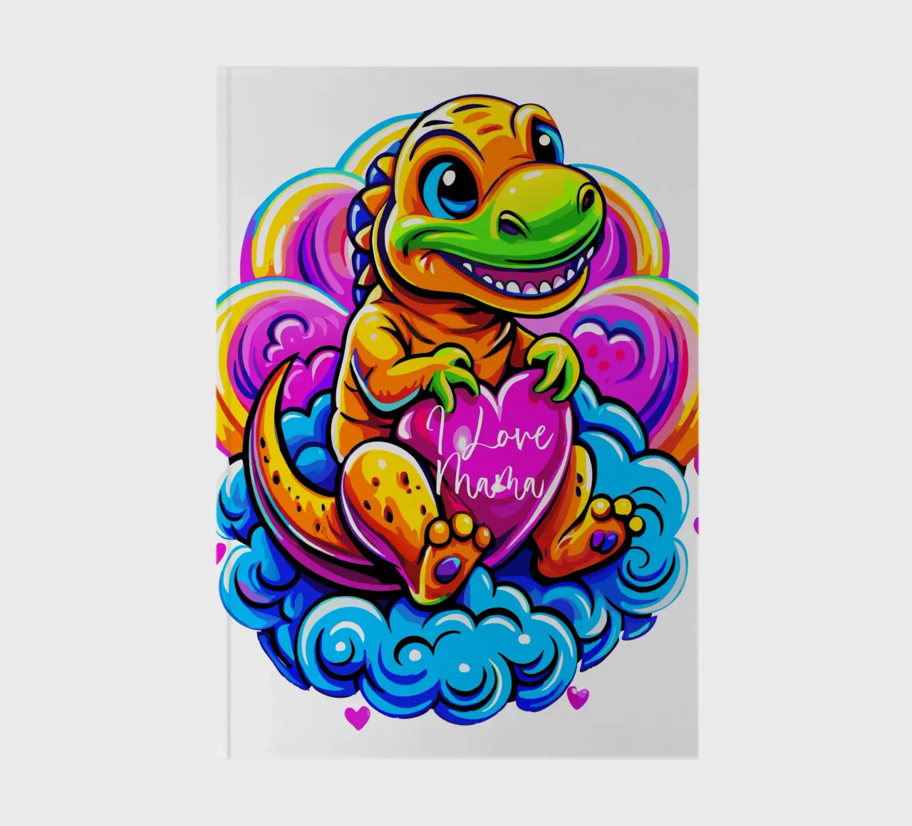 Cute Dino Hugging a Heart Pillow on a Cloud - Custom Text notebook by Artnesia