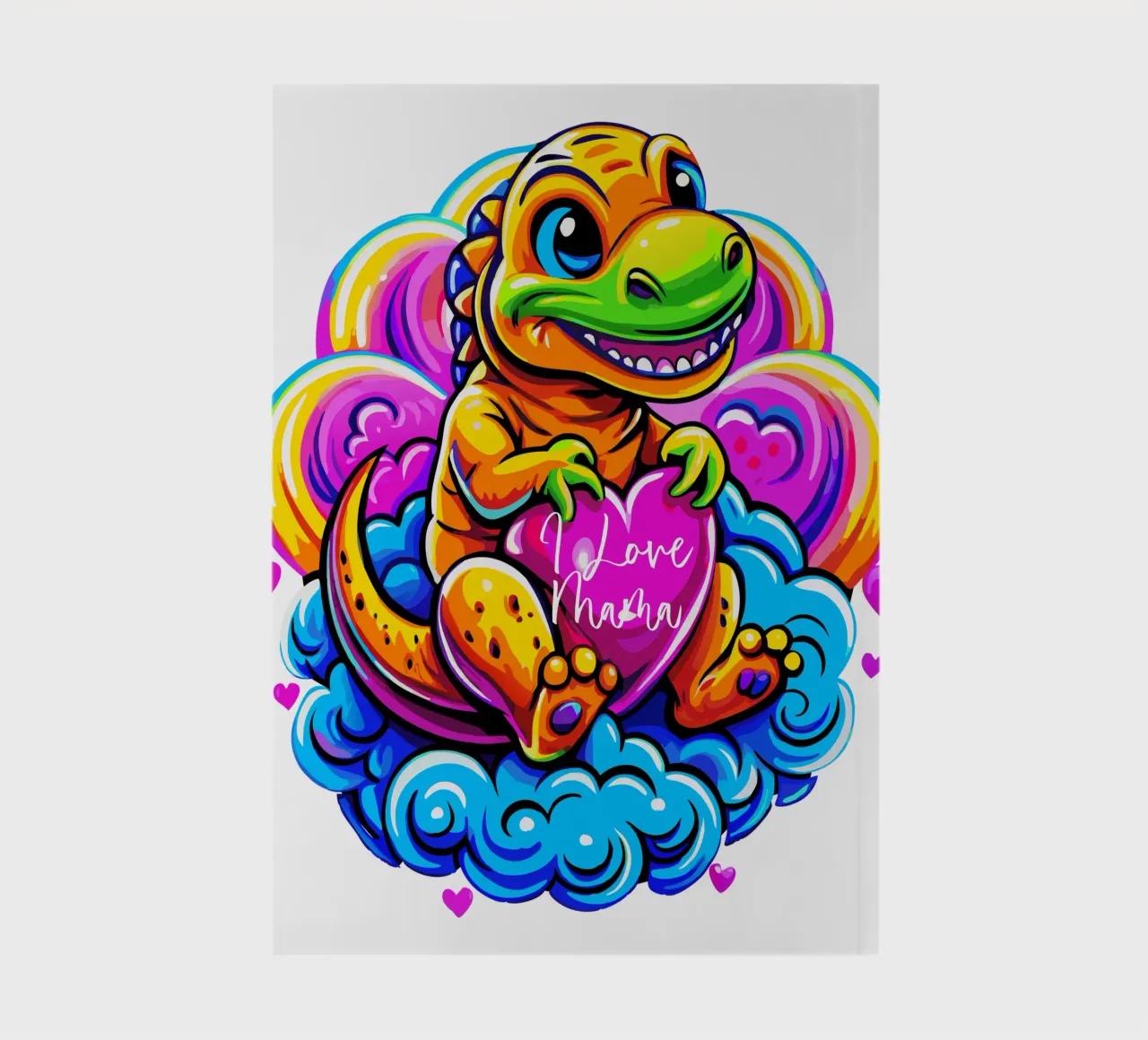 Cute Dino Hugging a Heart Pillow on a Cloud - Custom Text notebook by Artnesia