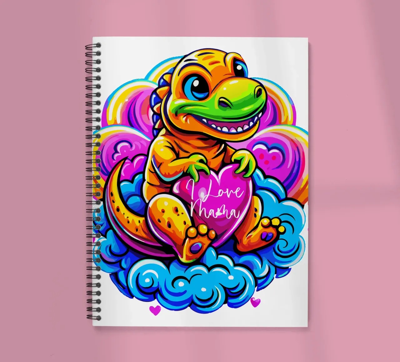Cute Dino Hugging a Heart Pillow on a Cloud - Custom Text spiral notebook by Artnesia