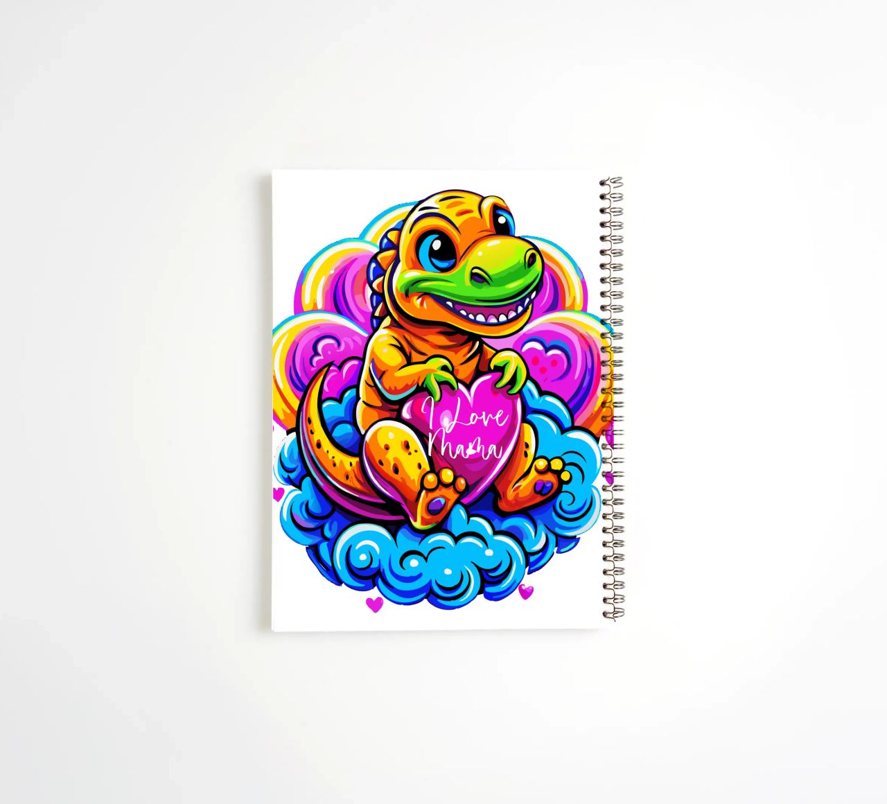 Cute Dino Hugging a Heart Pillow on a Cloud - Custom Text spiral notebook by Artnesia