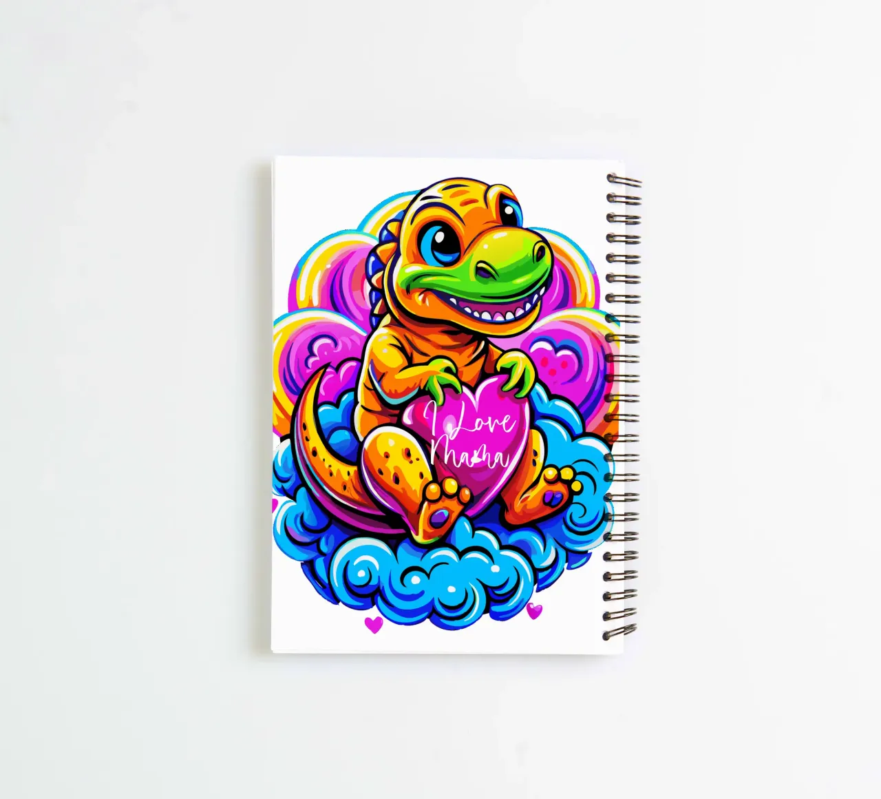 Cute Dino Hugging a Heart Pillow on a Cloud - Custom Text spiral notebook by Artnesia