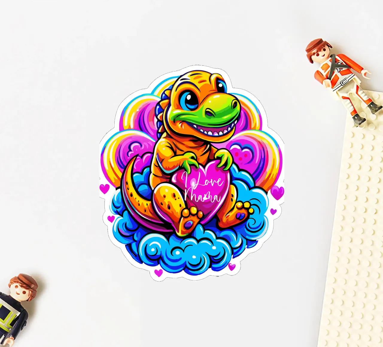 Cute Dino Hugging a Heart Pillow on a Cloud - Custom Text Sticker von Artnesia