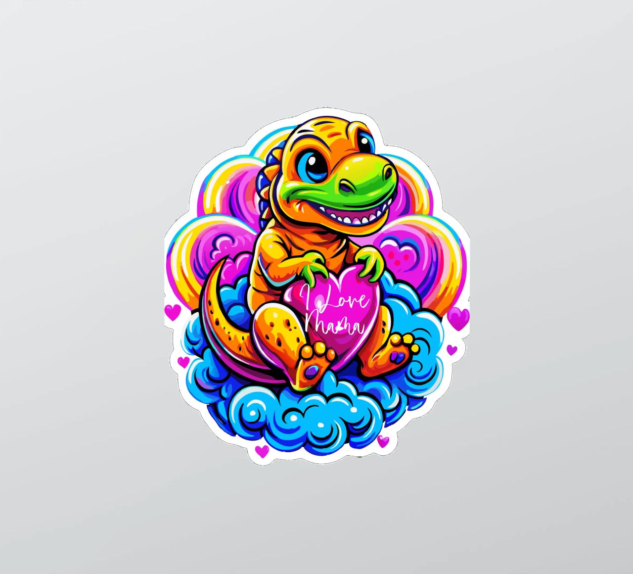 Cute Dino Hugging a Heart Pillow on a Cloud - Custom Text adesivo da Artnesia