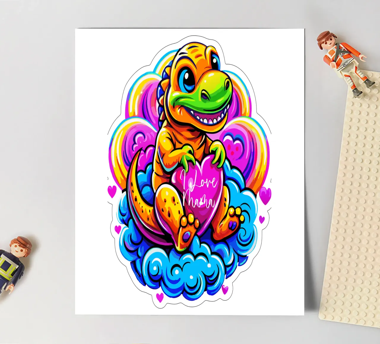 Cute Dino Hugging a Heart Pillow on a Cloud - Custom Text Stickerbogen von Artnesia