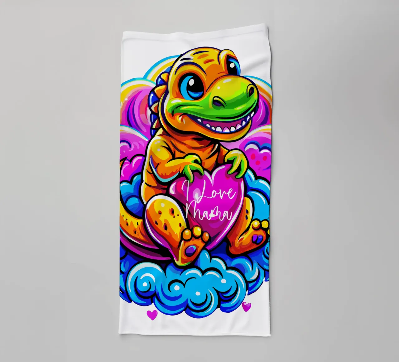 Cute Dino Hugging a Heart Pillow on a Cloud - Custom Text asciugamano da bagno da Artnesia
