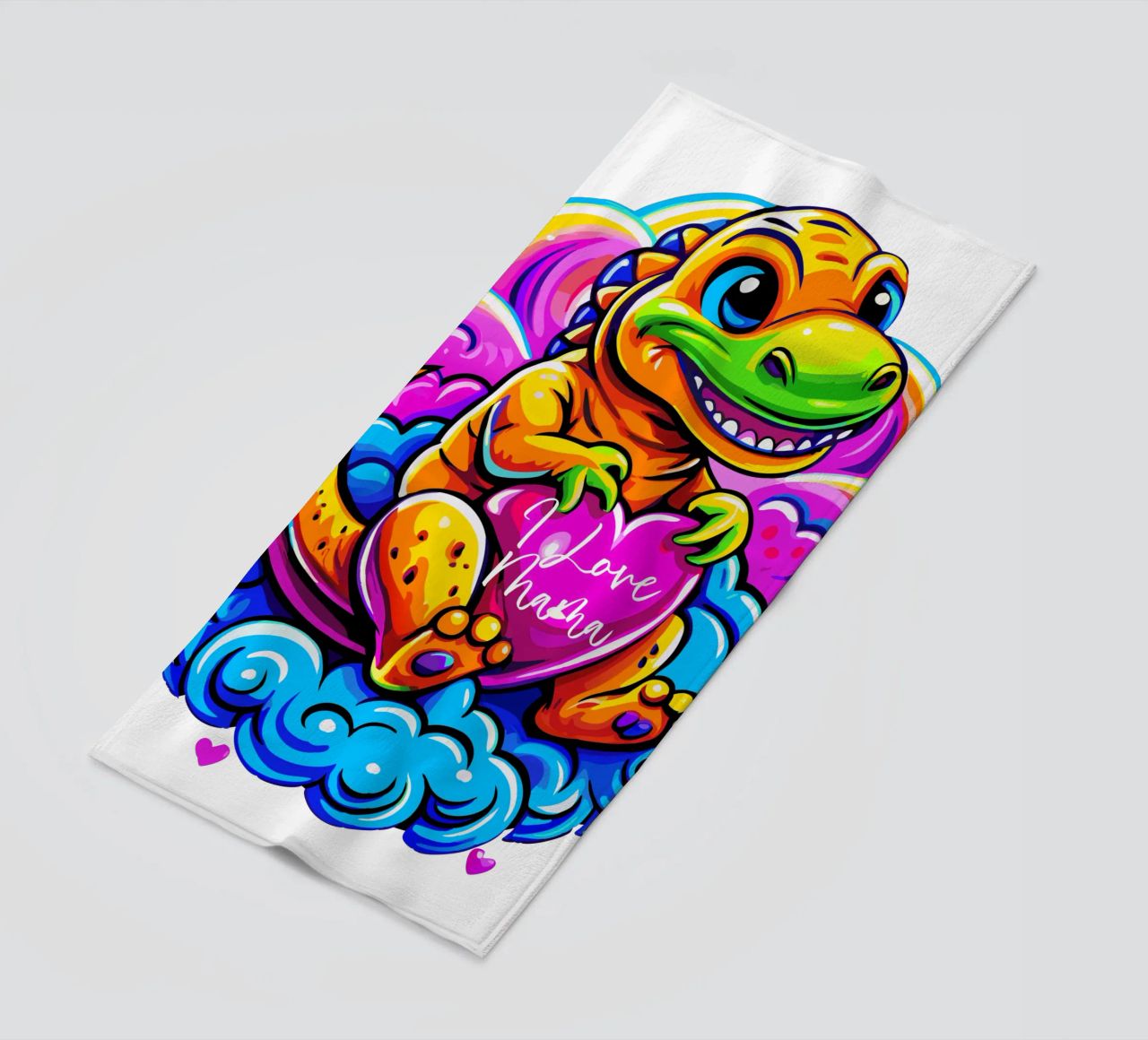 Cute Dino Hugging a Heart Pillow on a Cloud - Custom Text toalla de playa de Artnesia