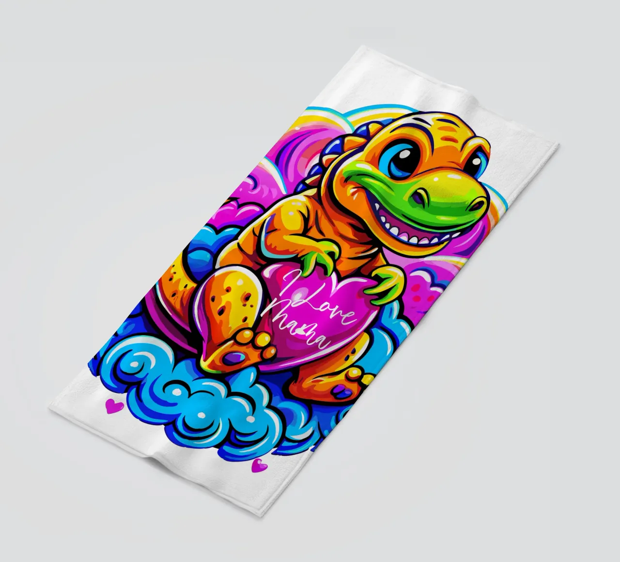 Cute Dino Hugging a Heart Pillow on a Cloud - Custom Text telo mare da Artnesia