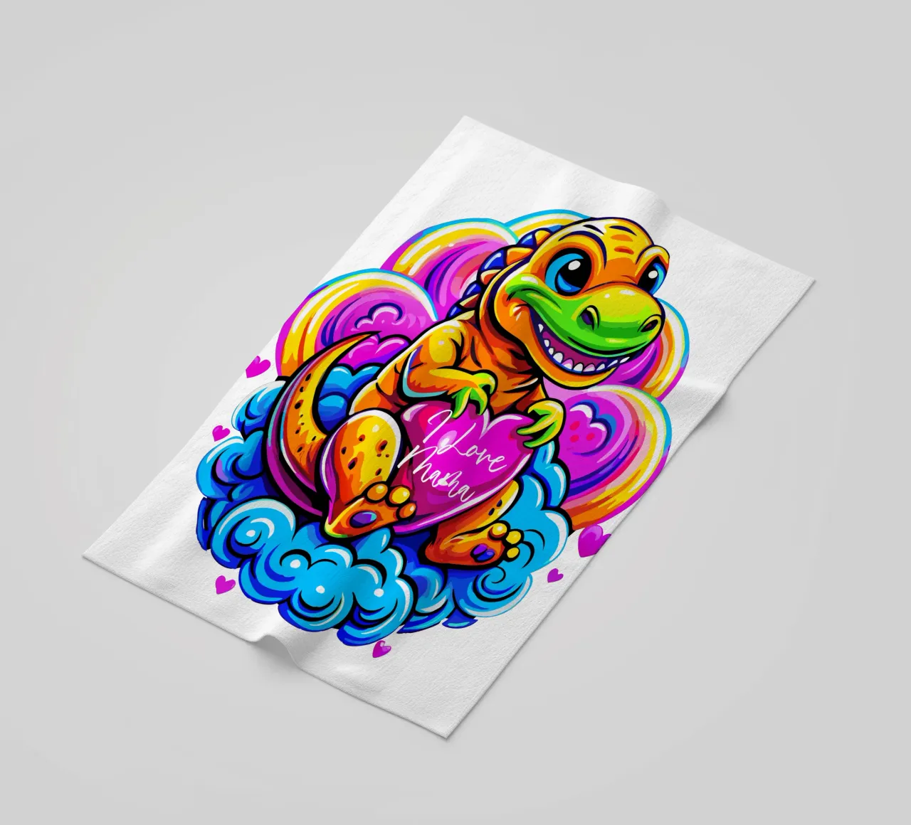 Cute Dino Hugging a Heart Pillow on a Cloud - Custom Text telo mare da Artnesia