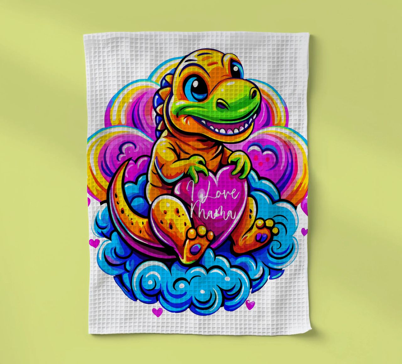 Cute Dino Hugging a Heart Pillow on a Cloud - Custom Text canovaccio da cucina da Artnesia