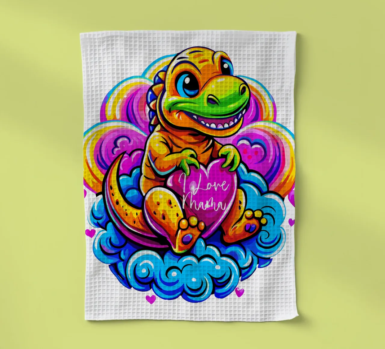 Cute Dino Hugging a Heart Pillow on a Cloud - Custom Text torchon de Artnesia