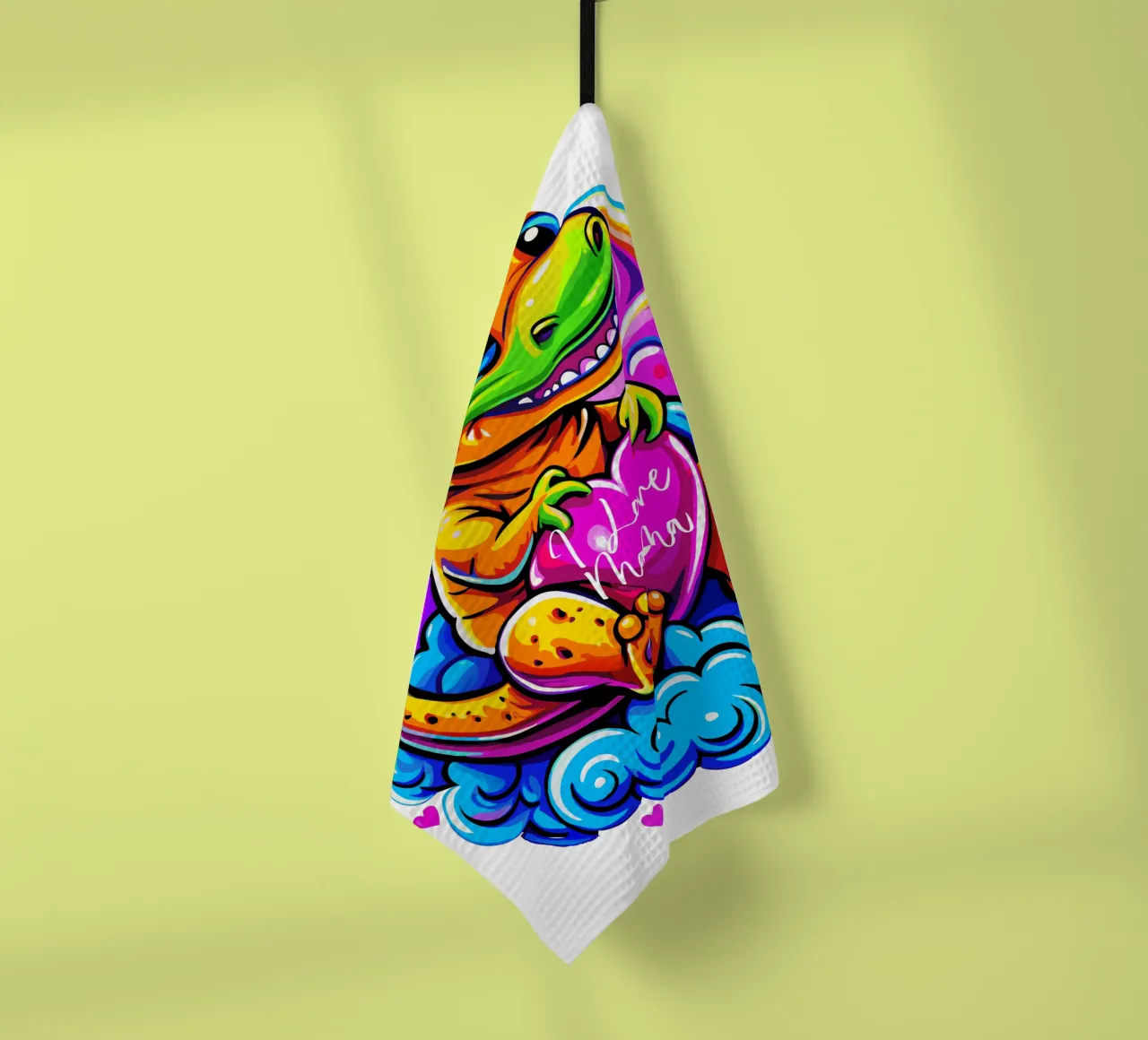 Cute Dino Hugging a Heart Pillow on a Cloud - Custom Text torchon de Artnesia