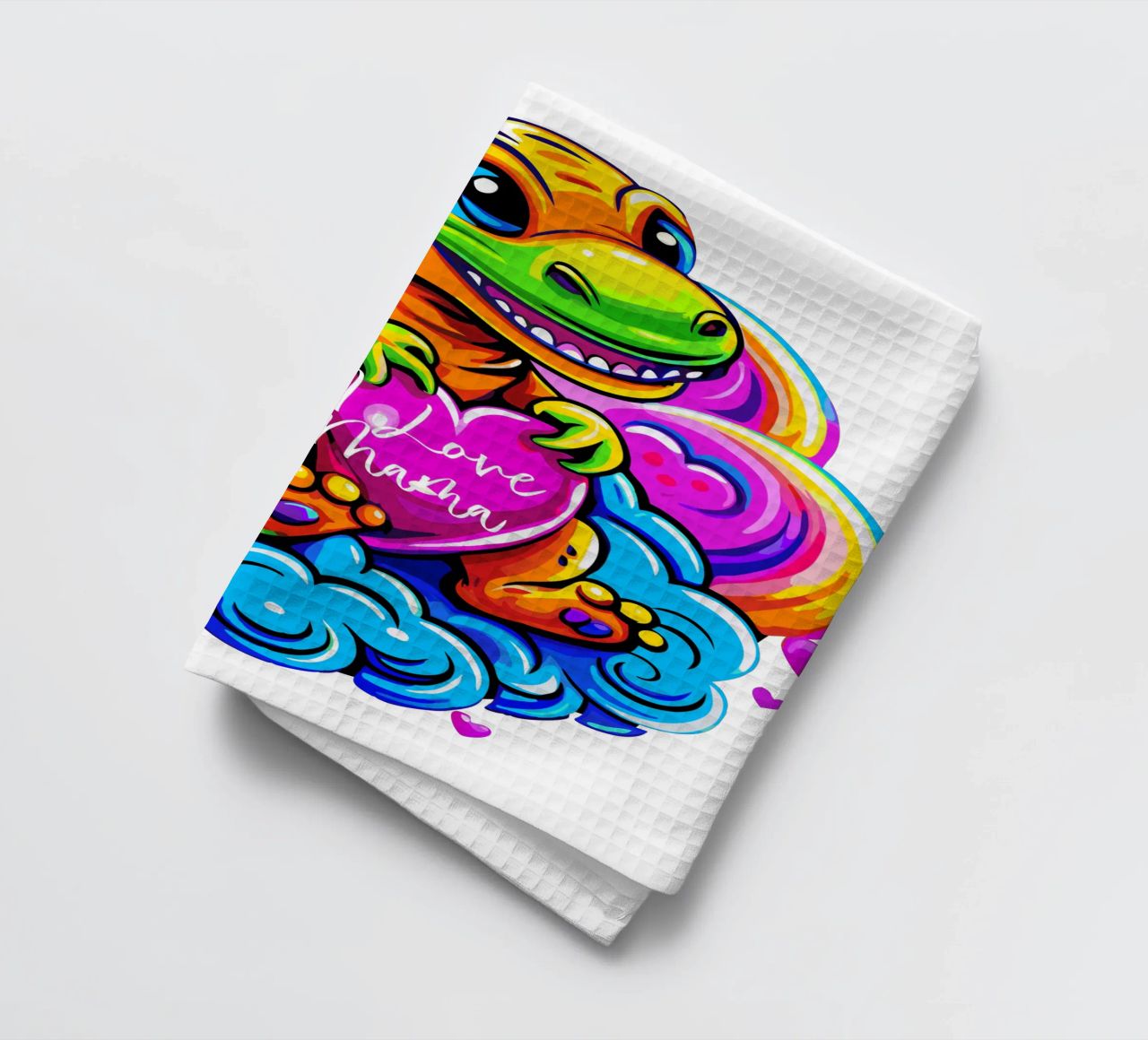 Cute Dino Hugging a Heart Pillow on a Cloud - Custom Text canovaccio da cucina da Artnesia