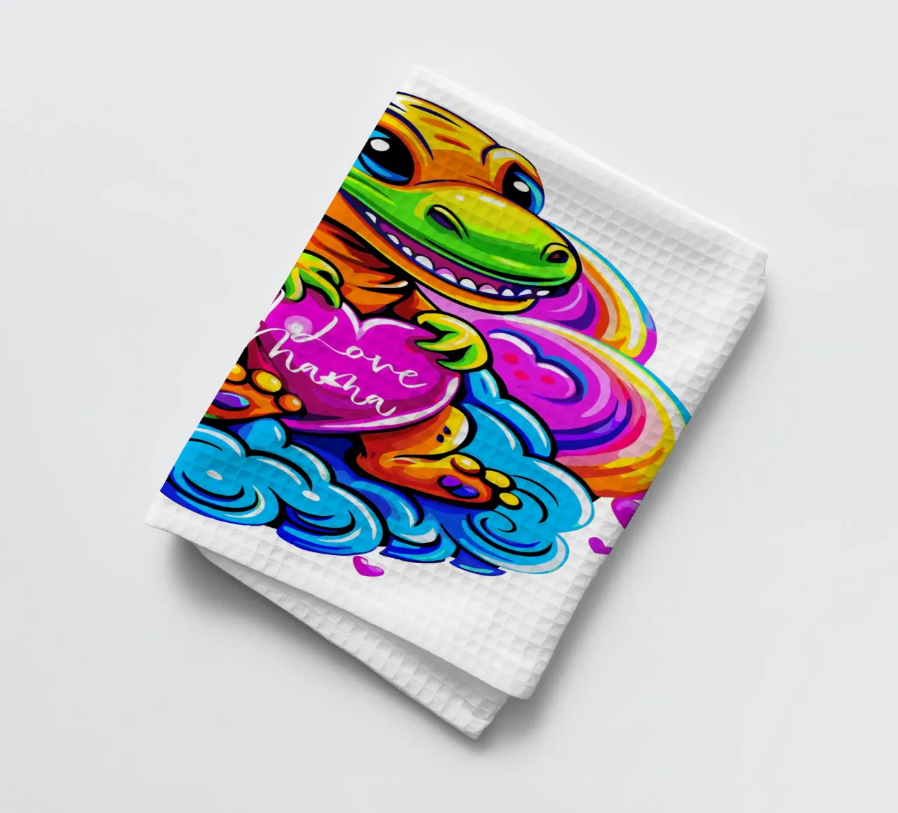 Cute Dino Hugging a Heart Pillow on a Cloud - Custom Text torchon de Artnesia