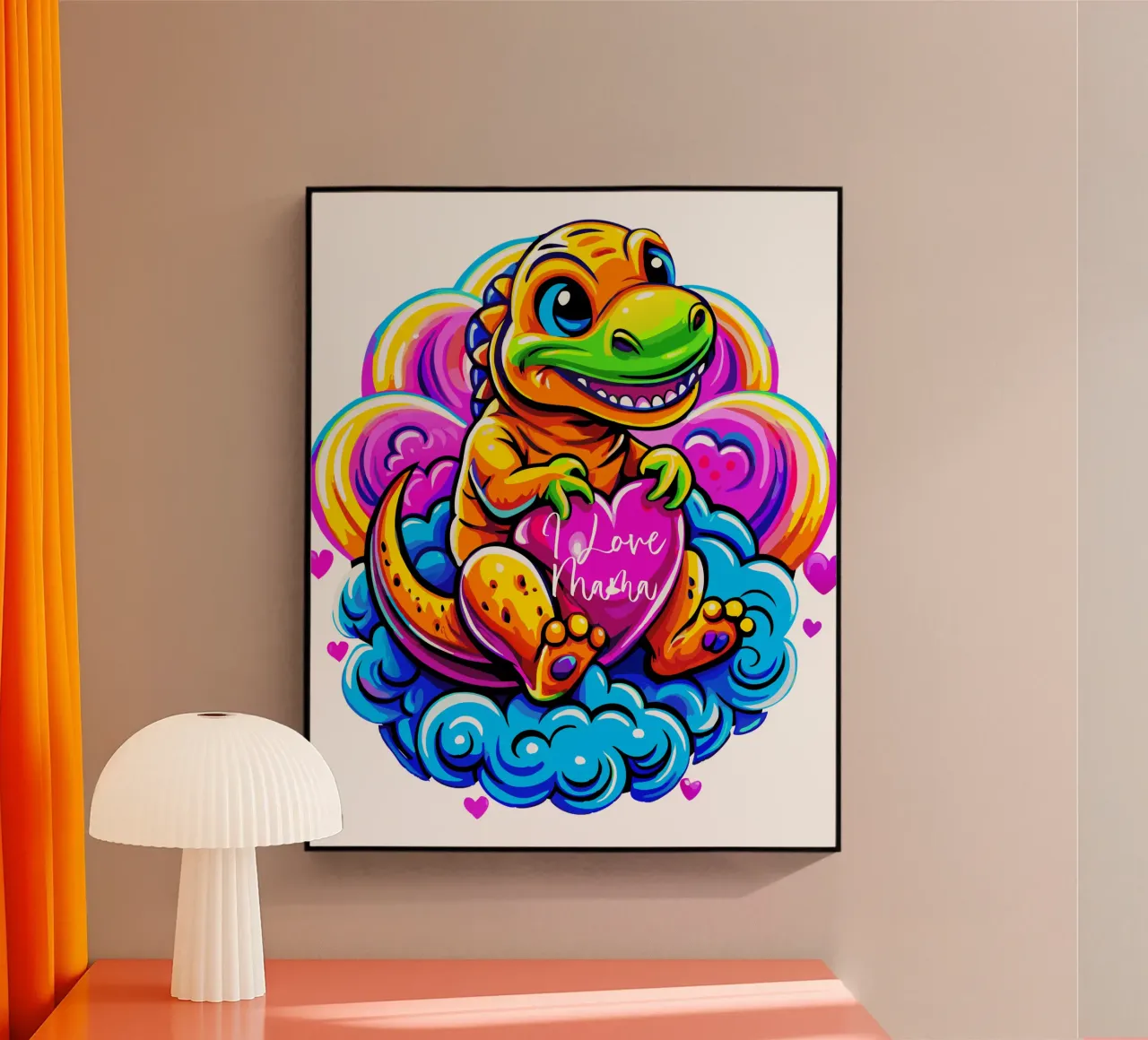 Cute Dino Hugging a Heart Pillow on a Cloud - Custom Text Acryl-Glas von Artnesia